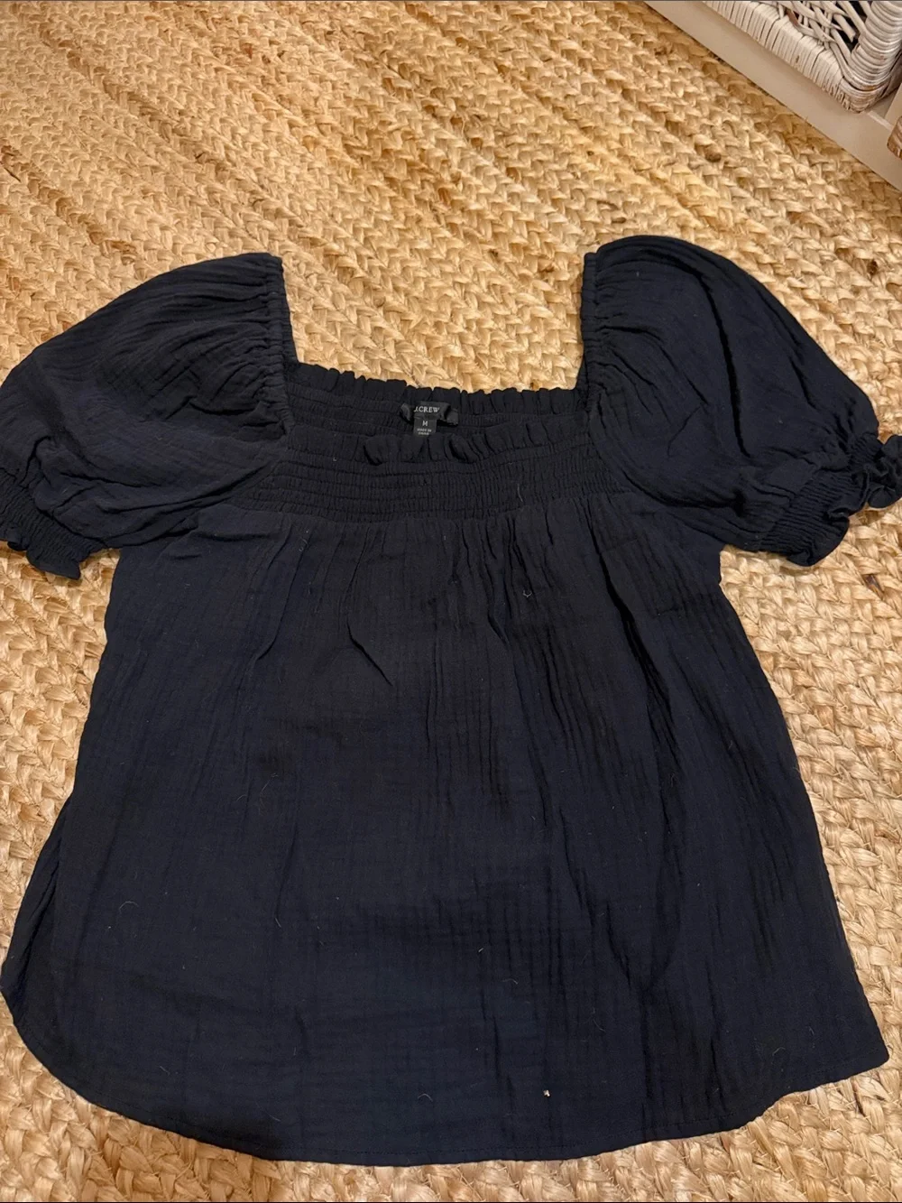 J. Crew Black Puff-Sleeve Smocked Square-Neck Top